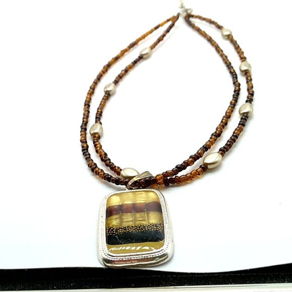 VTG Kenneth Cole 2-Strand Necklace Beaded Earth Tone Enamel Pendant Faux Pearls - Picture 5 of 15